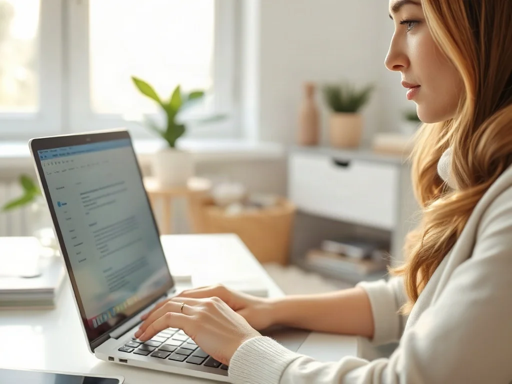Kobieta pracująca na laptopie w jasnym biurze, na którego ekranie widać edytor tekstu z dokumentem.