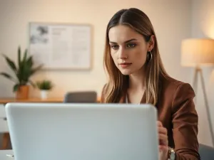 Mężczyzna skupiony na grze w karty na laptopie w przytulnym domowym biurze.