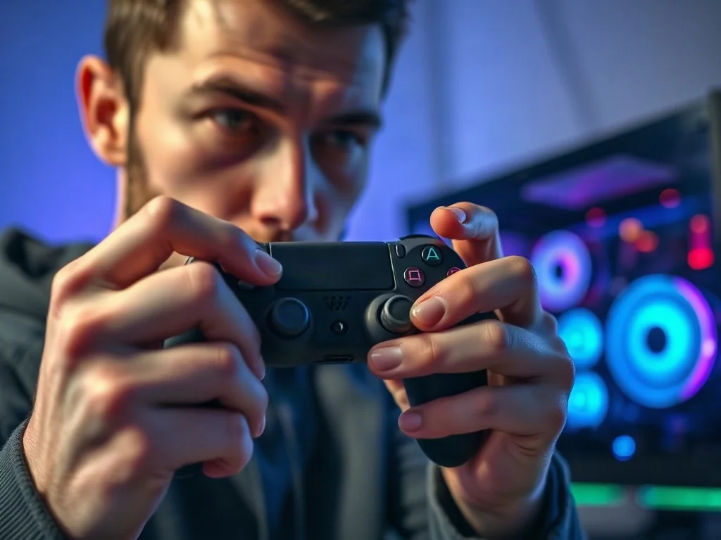 Mężczyzna trzymający bezprzewodowy kontroler Xbox, naciskający przycisk parowania w celu połączenia z komputerem PC.