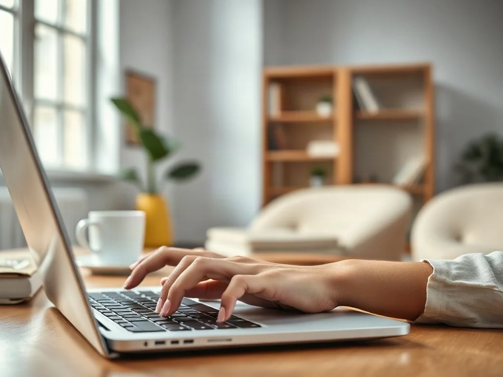 Kobieta pracująca przy laptopie w jasnym biurze, ilustrująca proces pisania dokumentu w programie Word.
