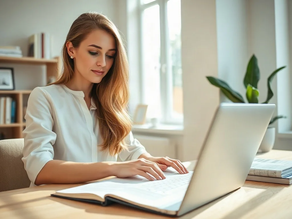 Kobieta pracująca przy laptopie w biurze, na ekranie widoczny dokument z różnymi orientacjami stron.