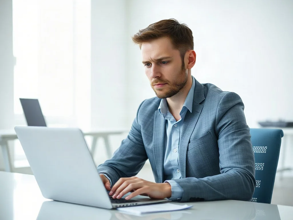 Zaniepokojony pracownik biurowy patrzący na ekran laptopa, zastanawiający się nad wysłaną wiadomością w Outlooku.