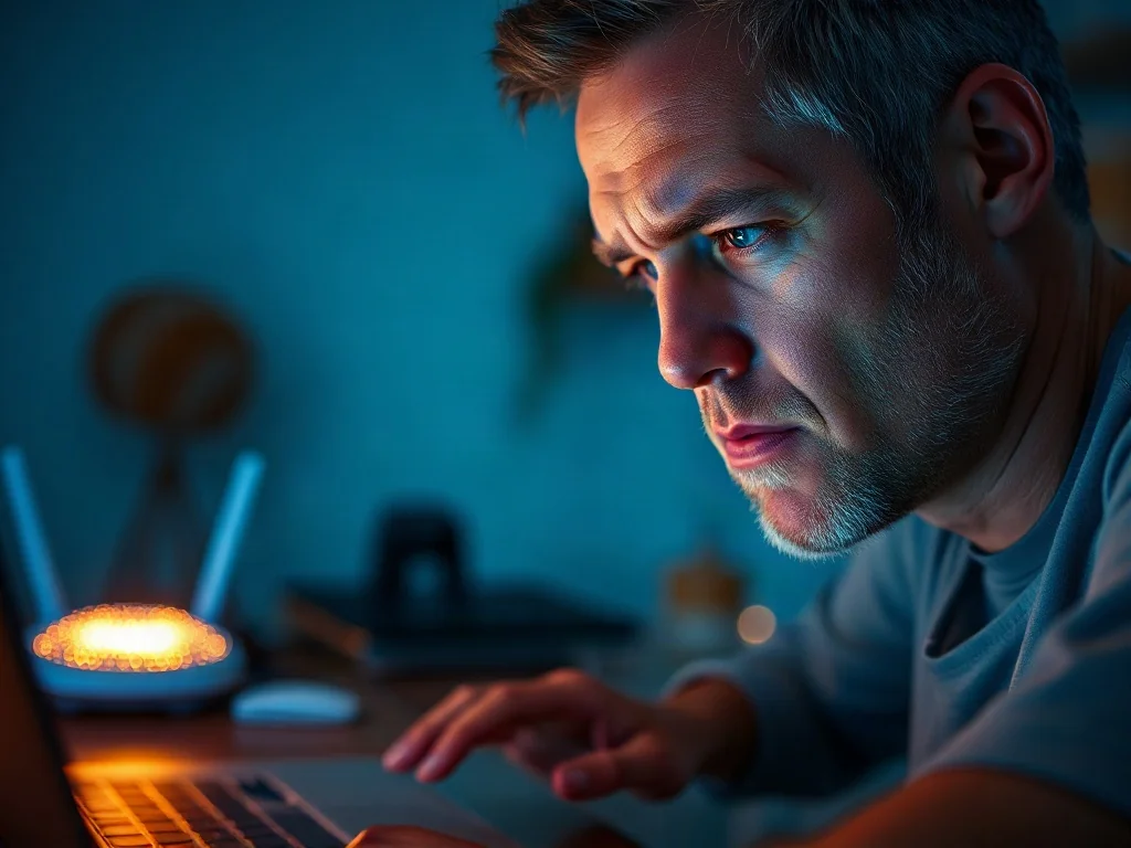 Zirytowany mężczyzna przed laptopem, który ma problem z połączeniem z siecią Wi-Fi w domowym biurze.