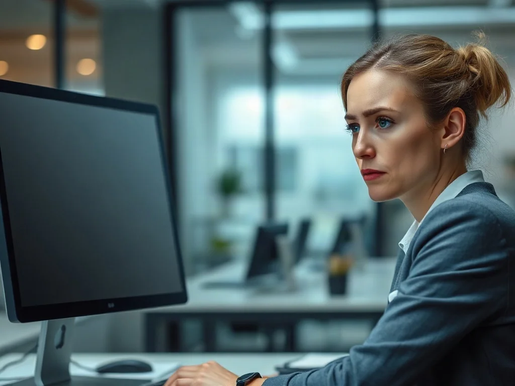 Zestresowana kobieta patrząca na pusty ekran komputera w biurze, symbolizująca utratę niezapisanej pracy w programie Excel.