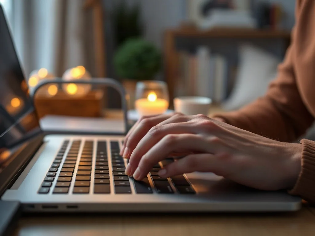 Dłonie osoby piszącej na klawiaturze nowoczesnego laptopa w przytulnym domowym biurze.