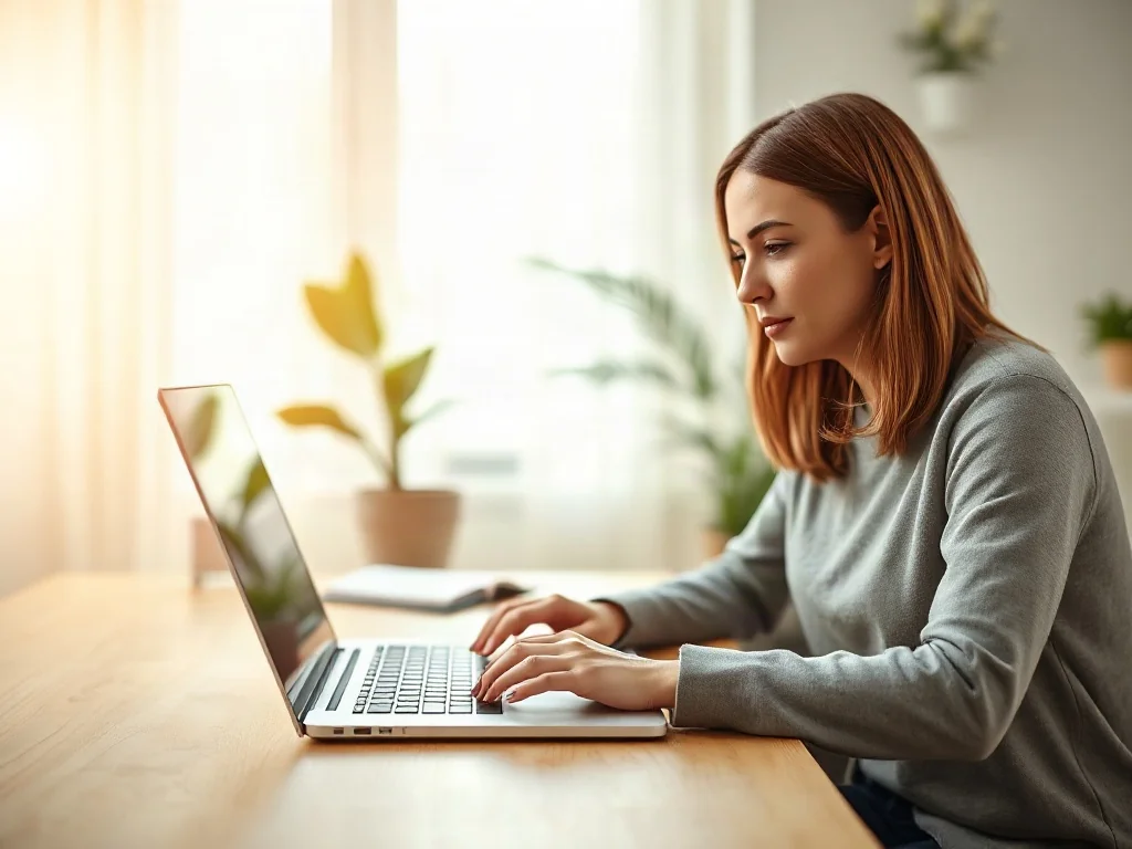 Kobieta pracująca na laptopie przy biurku, edytująca dokument w programie Word w jasnym, domowym biurze.