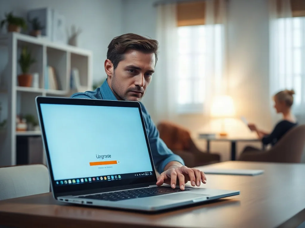 Mężczyzna przy biurku aktualizuje system operacyjny na laptopie, na którego ekranie widoczny jest pasek postępu instalacji.