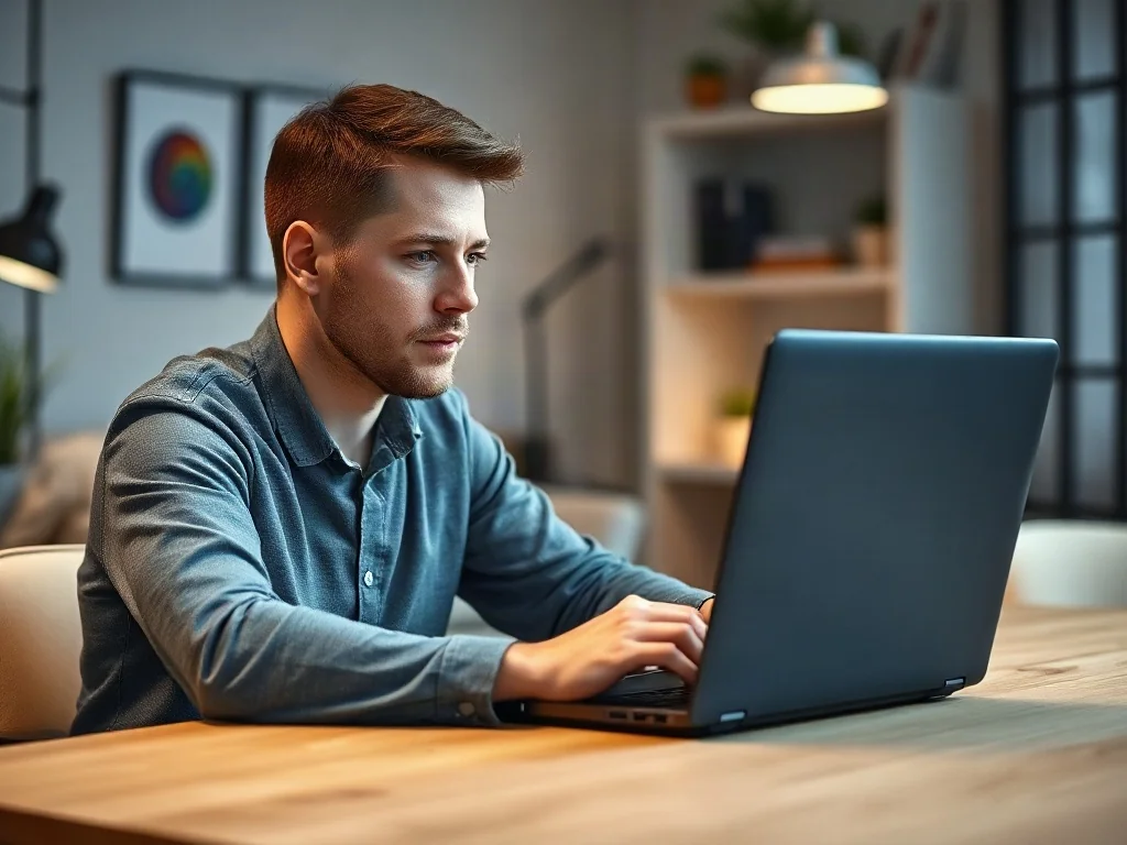 Mężczyzna przy laptopie z paskiem postępu instalacji systemu Windows w przytulnym domowym biurze.