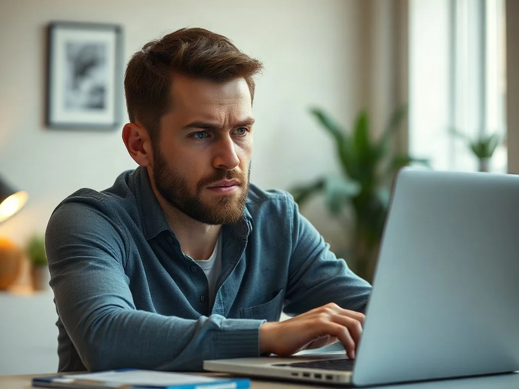 Zestresowany mężczyzna pracujący przy laptopie w domowym biurze, ilustrujący problem z wysłaną wiadomością e-mail.